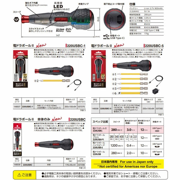 Vessel 電動鑽球 II USB Type-C 附 5 個鑽頭 (220USBC-5) Vessel