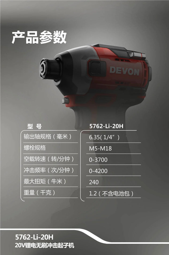 新品大有DEVON 充電衝擊批(240N.M)(鋰20V)(無刷)(淨機) 5762-Li-20H【淨機】 Devon 大有