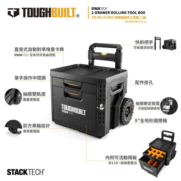 新款TOUGHBUILT 托比爾 附輪抽屜式工具箱-二抽 TB-B1-D-R92 TOUGHBUILT