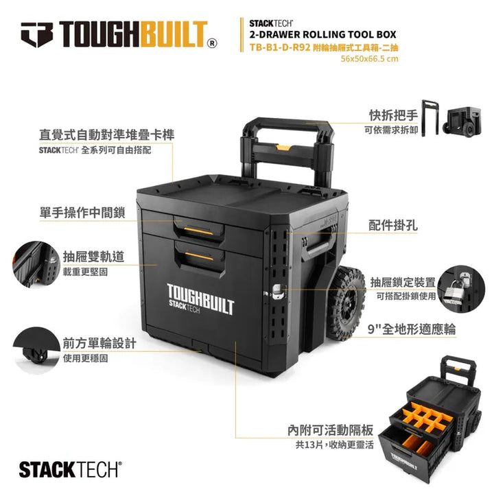 新款TOUGHBUILT 托比爾 附輪抽屜式工具箱-二抽 TB-B1-D-R92 TOUGHBUILT