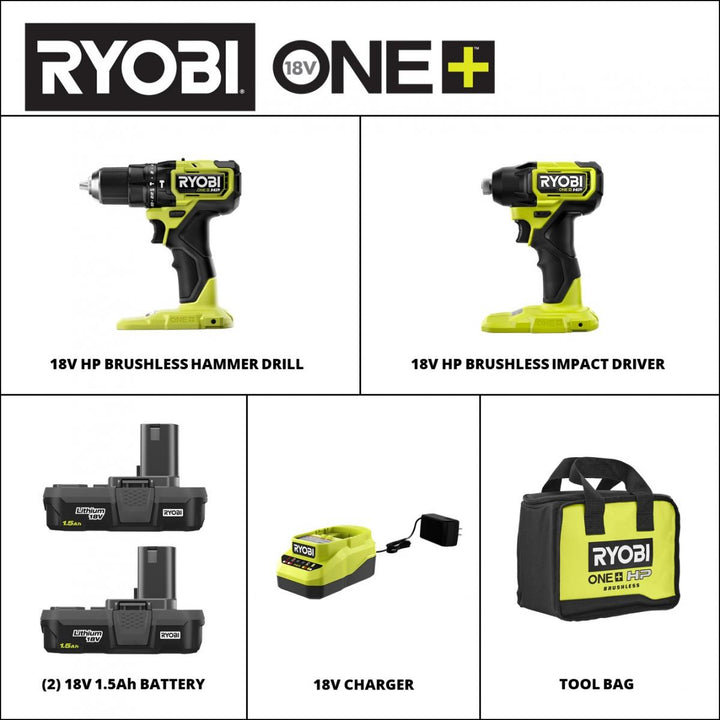 RYOBI 18V ONE+ HP 緊湊型無刷 1.5AH*2工具組合套裝 RYOBI 良明（美行）