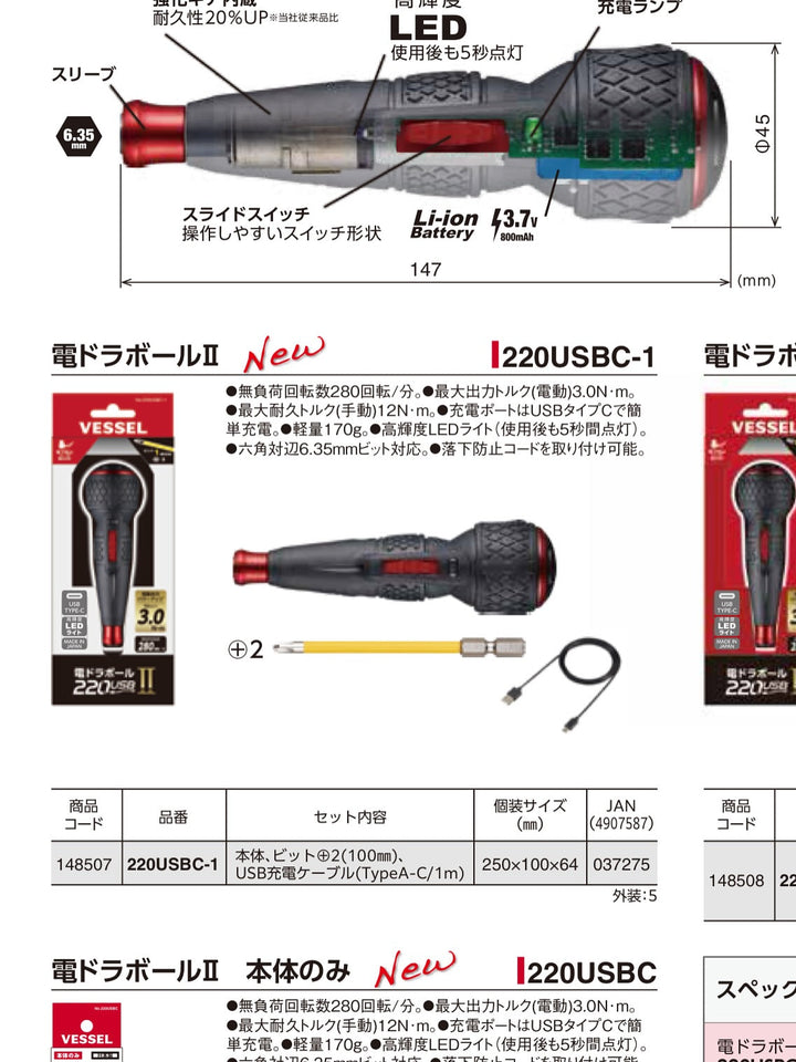 新品2025年 Vessel 電動鑽球螺絲批 II USB Type-C 附 5 個鑽頭 (220USBC-5) Vessel