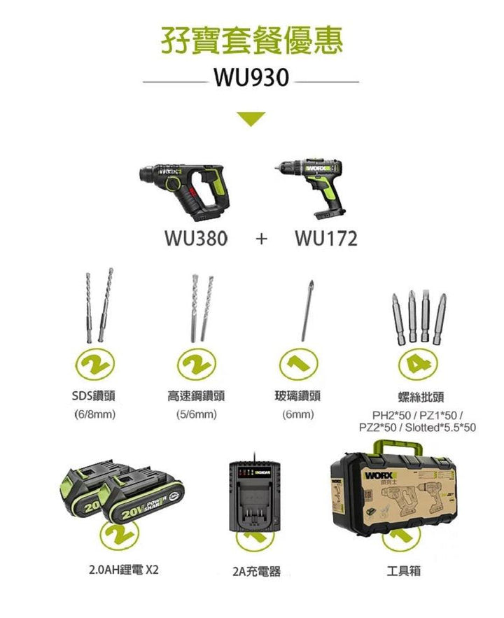 Worx 威克士 WU930 20V 電錘/電批孖寶 香港行貨 Worx 威克士