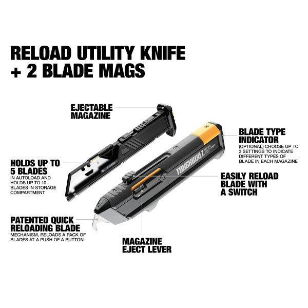 美國TOUGHBUILT RE-LOAD KNIFE BLADES INC 2X美工刀 + 2 個刀片彈匣（現貨） TOUGHBUILT