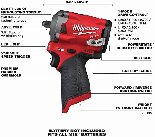 Milwaukee M12 Fuel  3/8 英吋(約 0.3 公分)衝擊扳手(裸工具) MILWAUKEE美沃奇（美行）