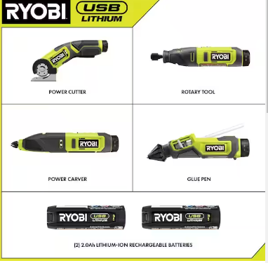Ryobi USB 鋰 4 件工具 Hobby 組合套件帶刀具、旋轉工具、雕刻機、膠水筆 豐業五金裝飾工程公司